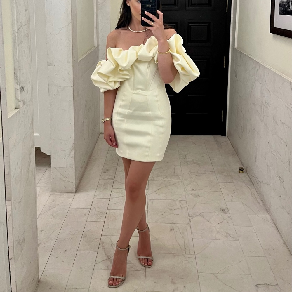 House of CB - Selena Ivory Satin Ruffle Strapless Dress